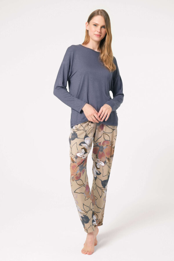 Bisiklet Yaka Uzun Kol Viskon Kumaşlı Pijama Takım 9836