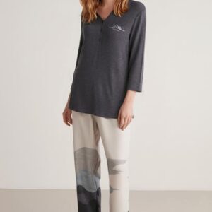 V Yaka Düğmeli Viskon Uzun Kollu Kadın Pijama Takım 604