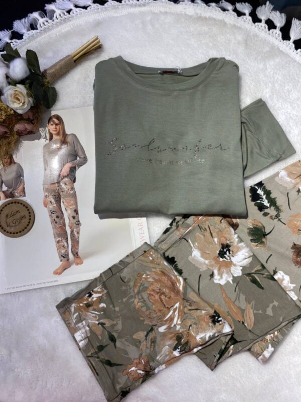 Bisiklet Yaka Uzun Kol Viskon Kumaşlı Pijama Takım 9849