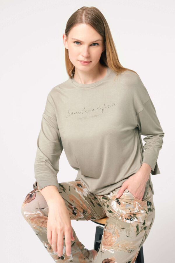 Bisiklet Yaka Uzun Kol Viskon Kumaşlı Pijama Takım 9849