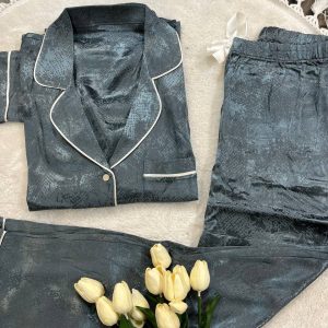 Jakarlı Viskon Gömlek Yaka Düğmeli Pijama Takım m9