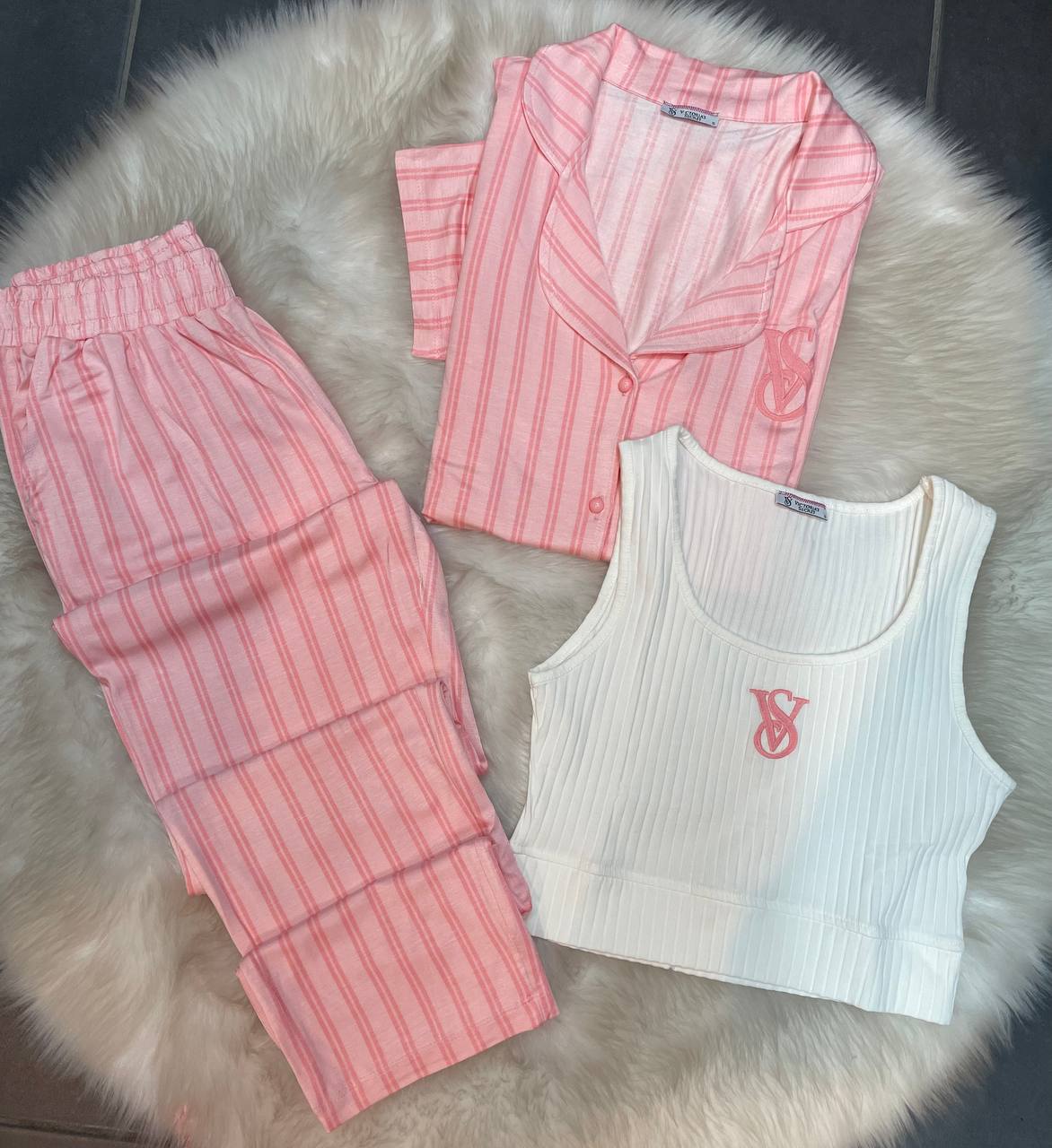 Victoria Secret Kroplu Modal Üçlü Pembe Pijama Takım
