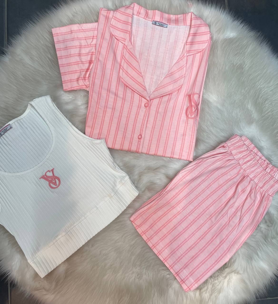 Victoria Secret Kroplu Şortlu Modal Üçlü Pembe Pijama Takım