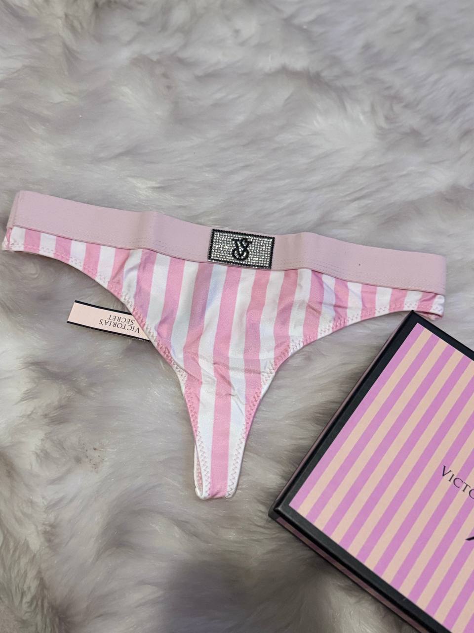 Victoria Secret Logolu Esnek Bel Bantlı Pembe Çizgili Tanga