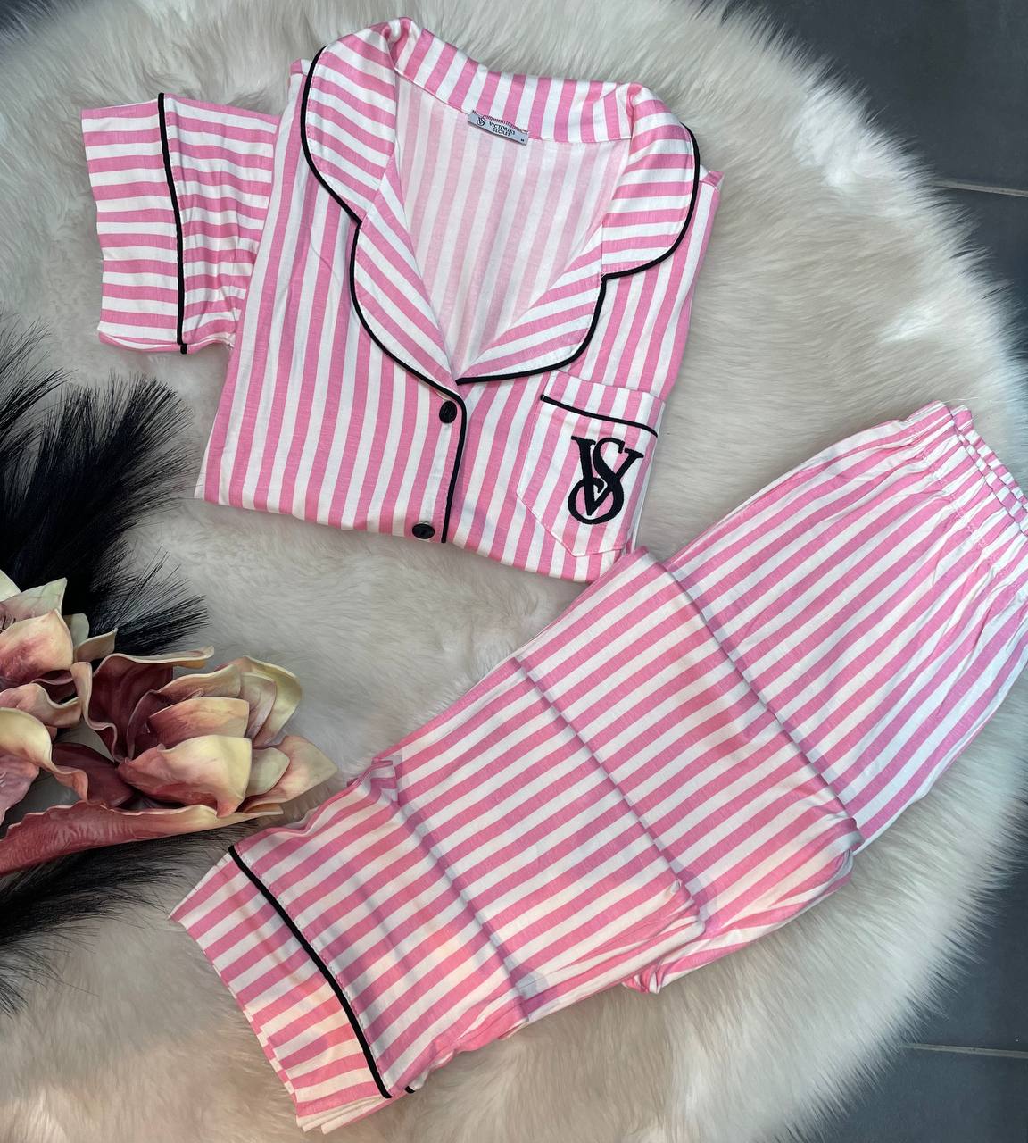 Victoria Secret Modal Pembe Çizgili Pijama Takım